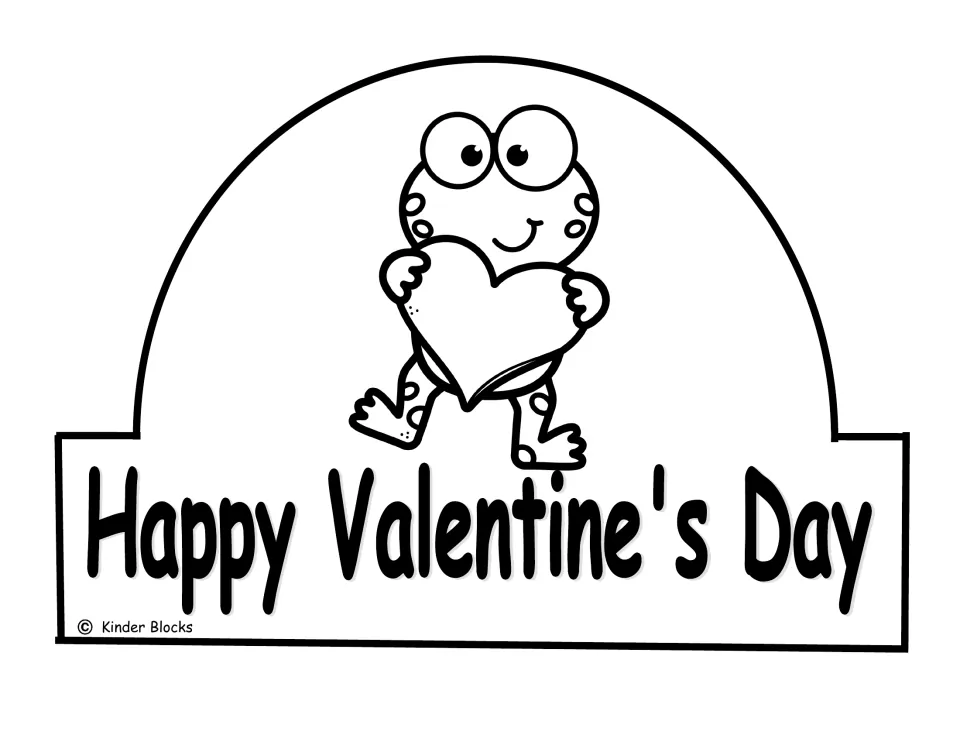 Black-and-white frog crown front for coloring, showing a frog holding a heart and “Happy Valentine's Day”