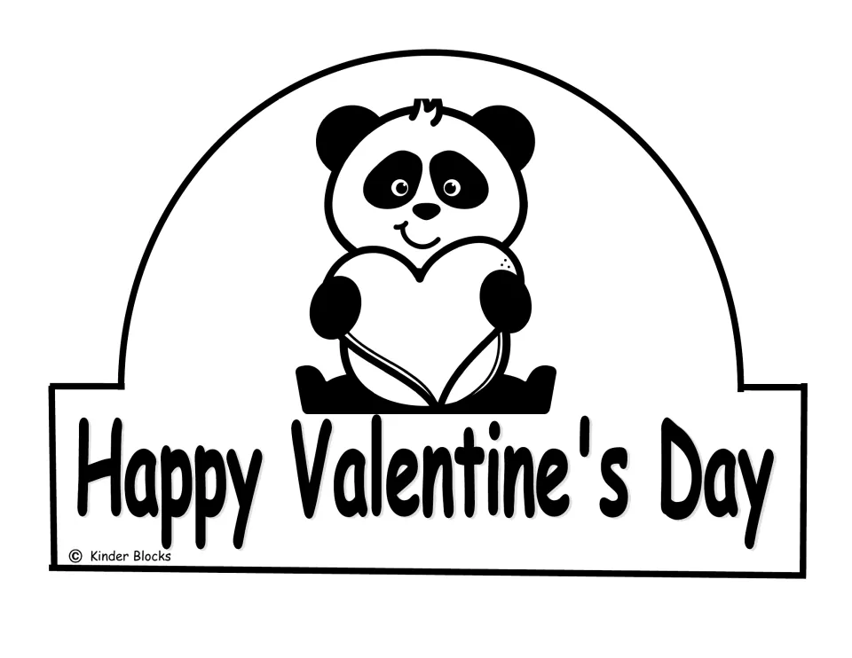 Black-and-white panda crown front for coloring, with a panda holding a heart and “Happy Valentine's Day”
