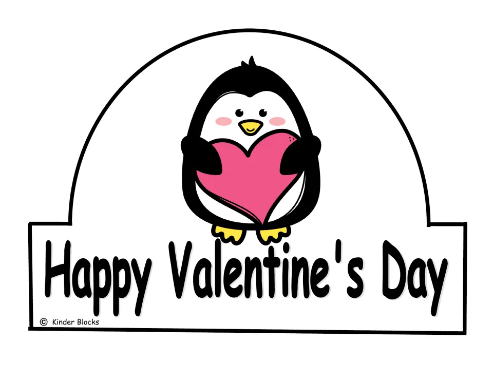 Color penguin crown front featuring a penguin holding a pink heart and the words “Happy Valentine's Day”