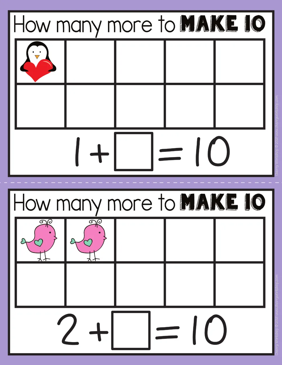Make 10 mats 1 and 2: 1 penguin holding a heart for 1 + ? = 10, and 2 pink birds for 2 + ? = 10