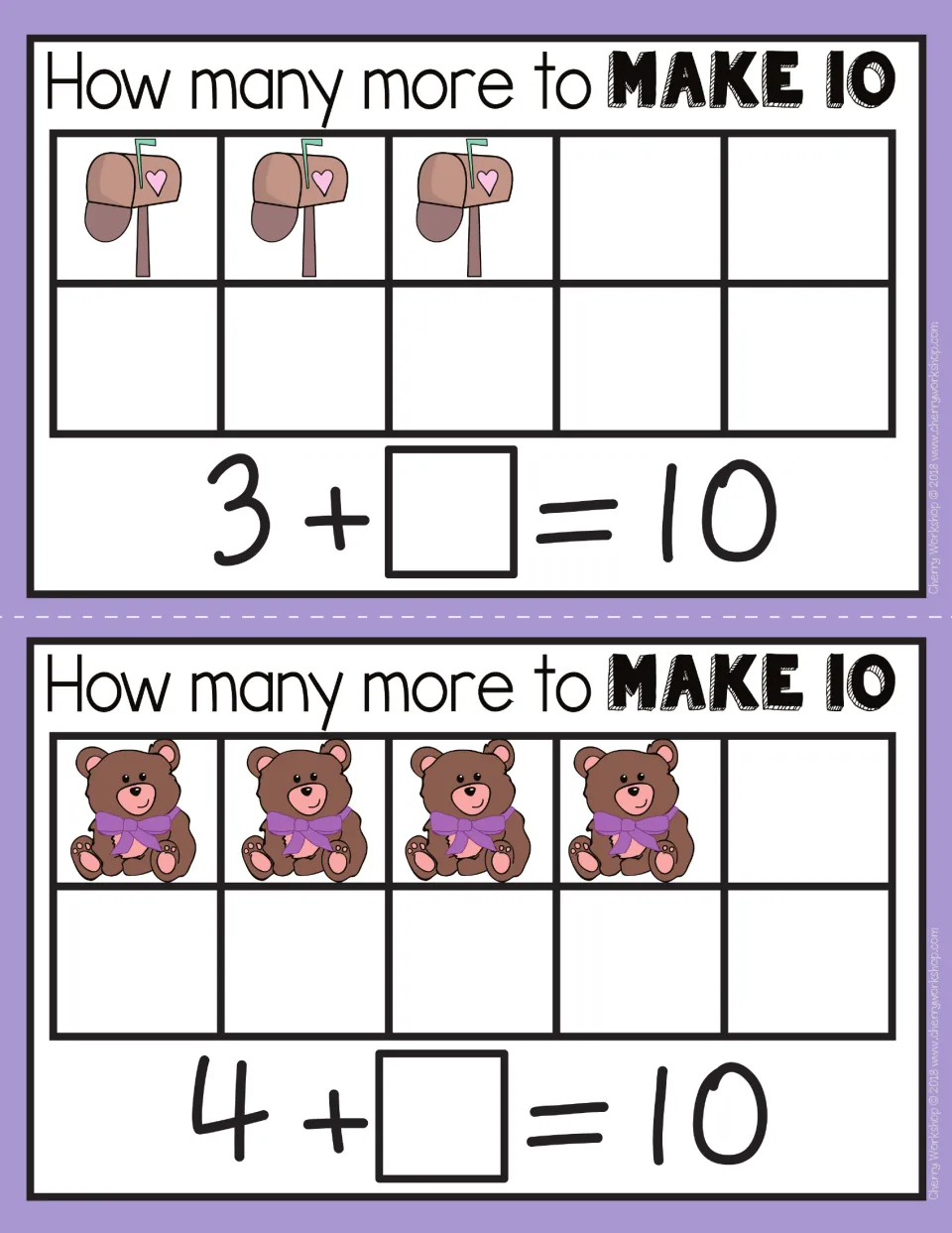 Make 10 mats 3 and 4: 3 mailboxes with hearts for 3 + ? = 10, and 4 teddy bears for 4 + ? = 10