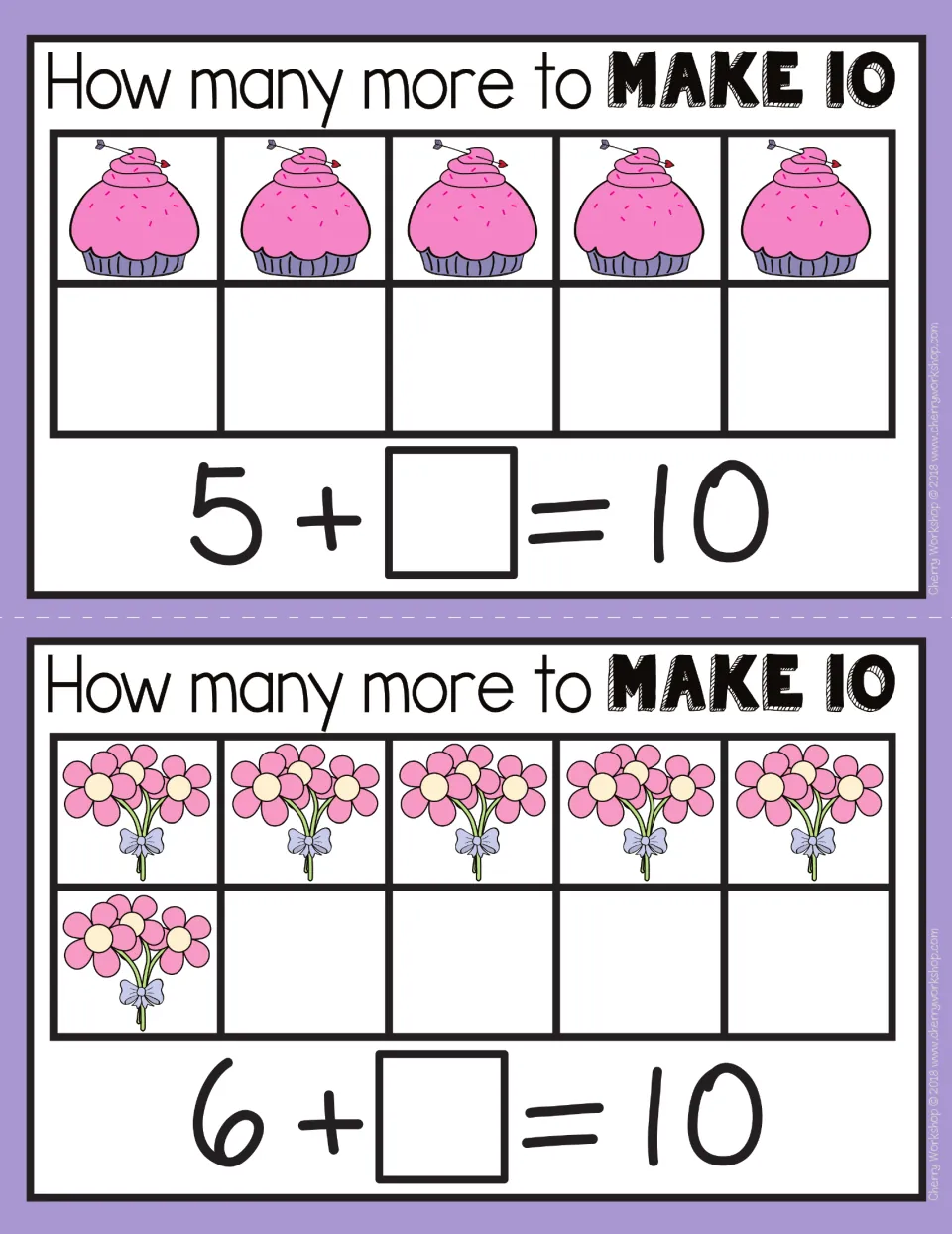 Make 10 mats 5 and 6: 5 pink cupcakes for 5 + ? = 10, and 6 flower bouquets for 6 + ? = 10