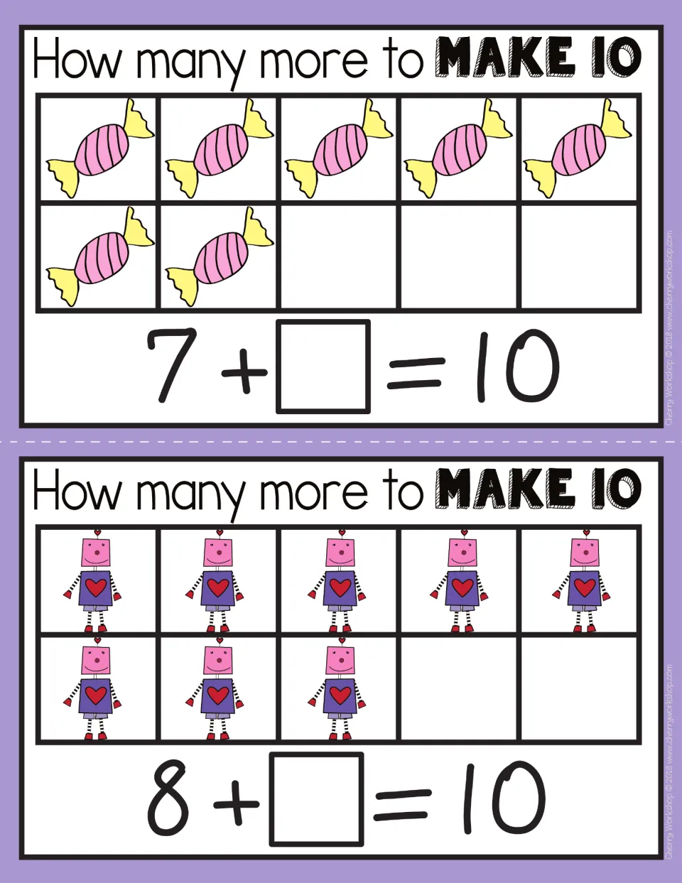 Make 10 mats 7 and 8: 7 wrapped candies for 7 + ? = 10, and 8 heart robots for 8 + ? = 10