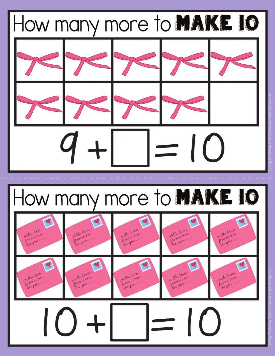 Make 10 mats 9 and 10: 9 pink bows for 9 + ? = 10, and 10 love letters filling the frame for 10 + ? = 10