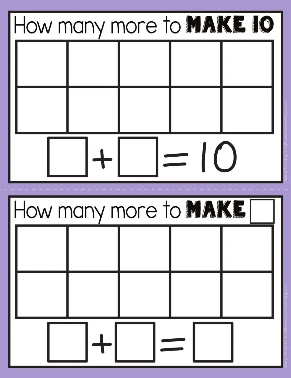 Blank Make 10 mats: an empty ten frame with ? + ? = 10, and one with a blank target number and ? + ? = ?