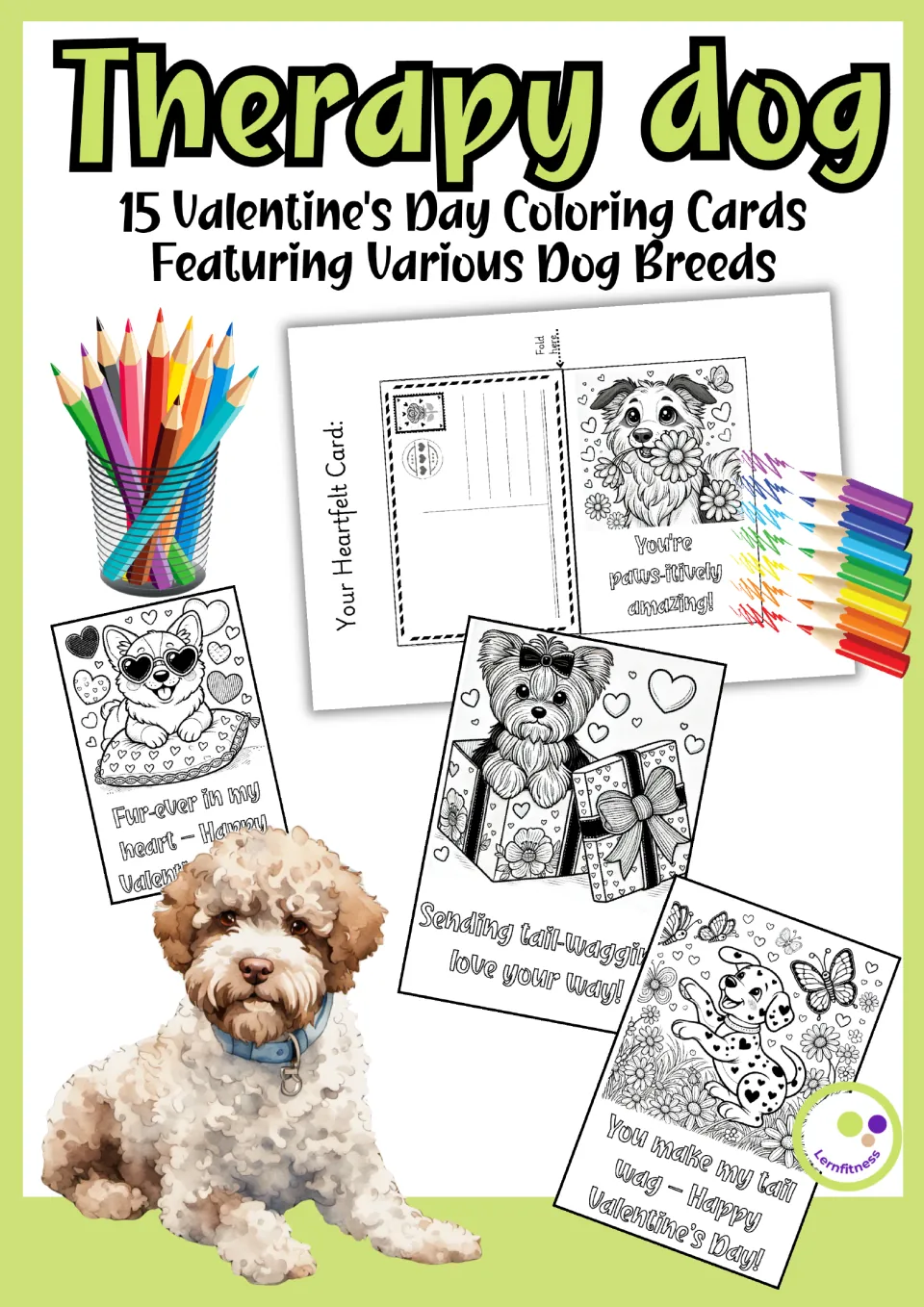 Cover for 15 Valentine's Day coloring cards featuring various dog breeds, with samples of folded cards