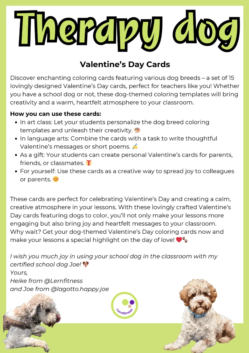 Teacher introduction to the dog-themed Valentine cards, with uses in art, message writing, and gift giving