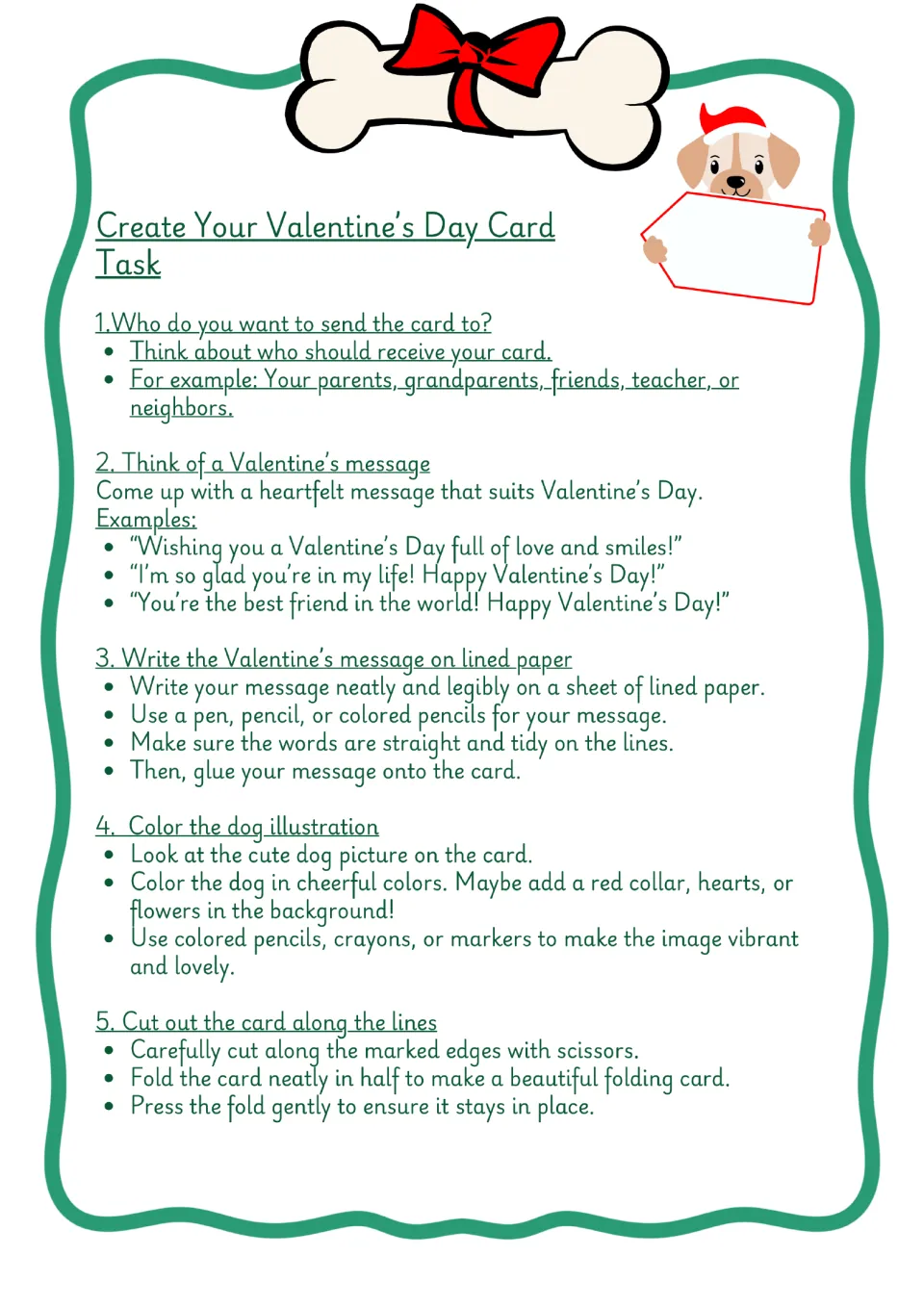 Color directions for making a Valentine card: choose a recipient, write a message, color, cut, and fold