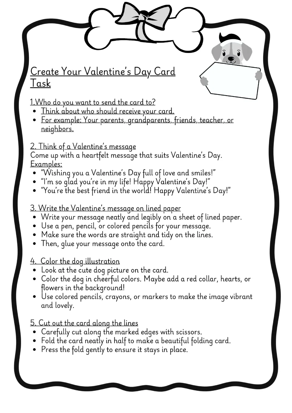 Black-and-white Valentine card directions: choose a recipient, write a message, color, cut, and fold