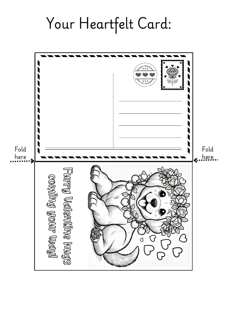 Dog Valentine coloring card 4 of 15: a puppy wearing a flower crown with “Furry Valentine hugs coming your way!”