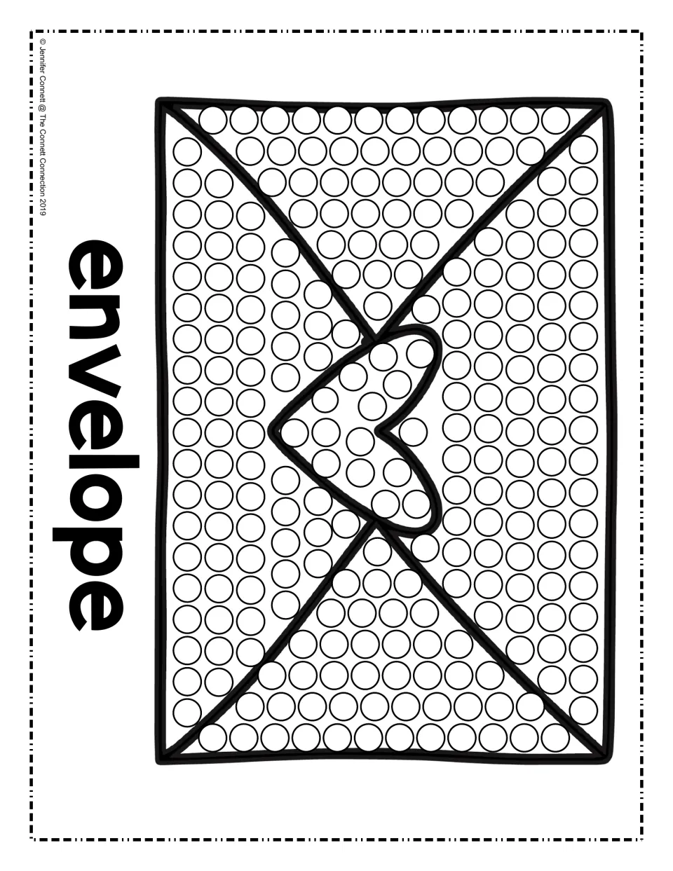 Valentine's Day dot painting sheet featuring an envelope with a heart seal and the label 'envelope'.