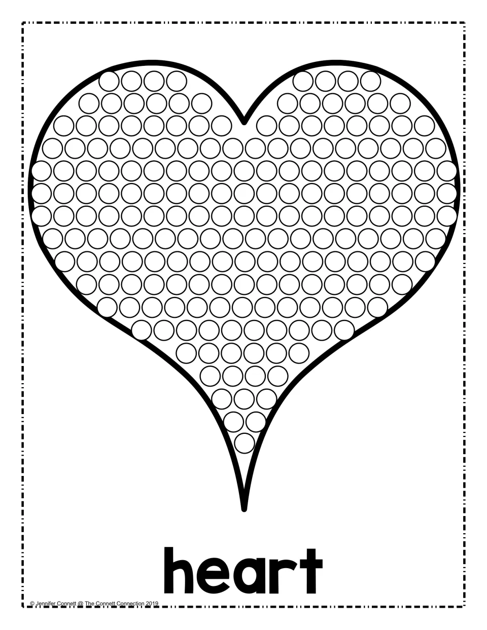 Valentine's Day dot painting sheet featuring a large heart labeled 'heart' for cotton swab painting.