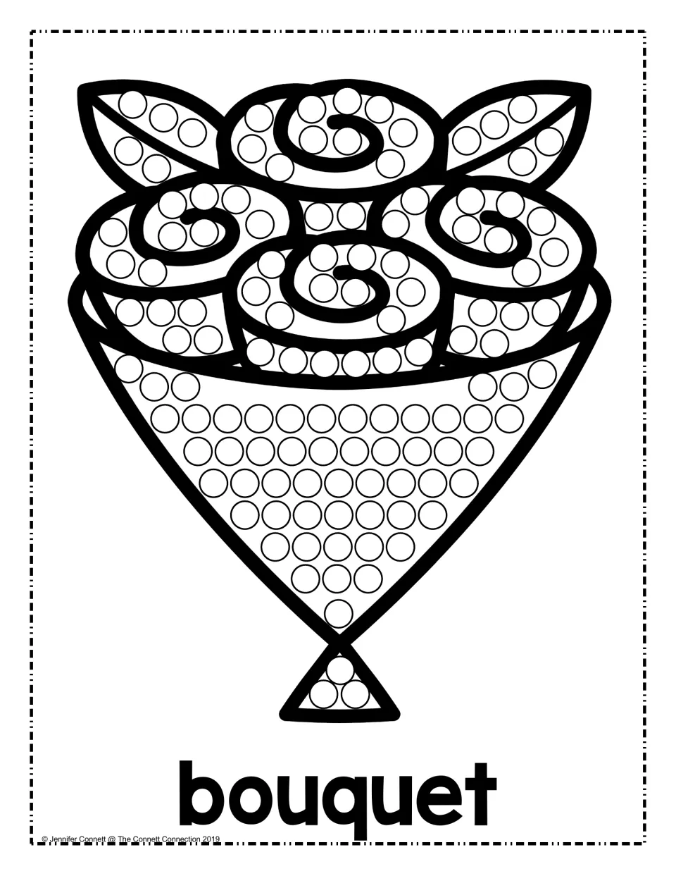Valentine's Day dot painting sheet featuring wrapped flowers labeled 'bouquet' for cotton swab art.