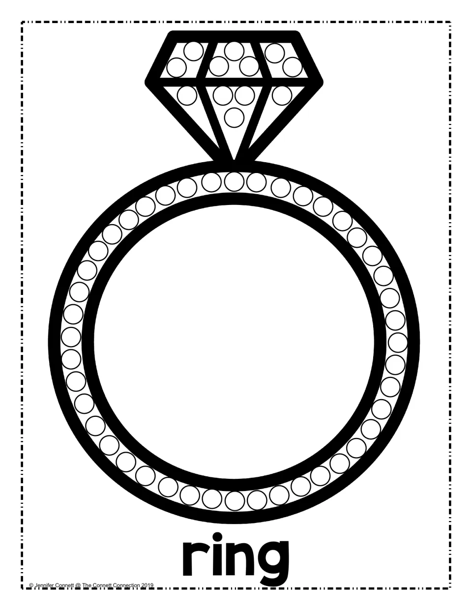 Valentine's Day dot painting sheet featuring a gemstone ring labeled 'ring' for cotton swab painting.