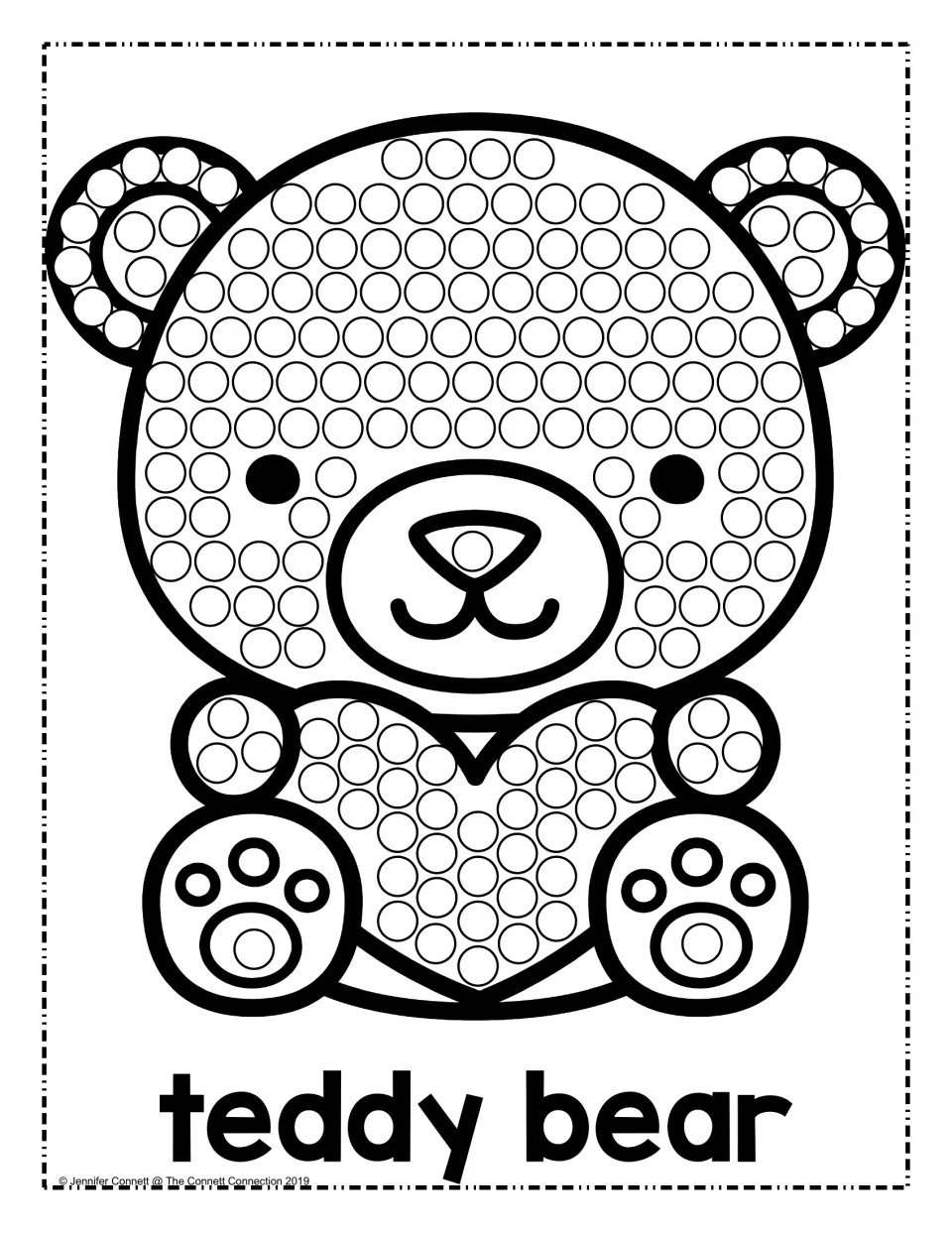 Valentine's Day dot painting sheet featuring a teddy bear holding a heart and the label 'teddy bear'.