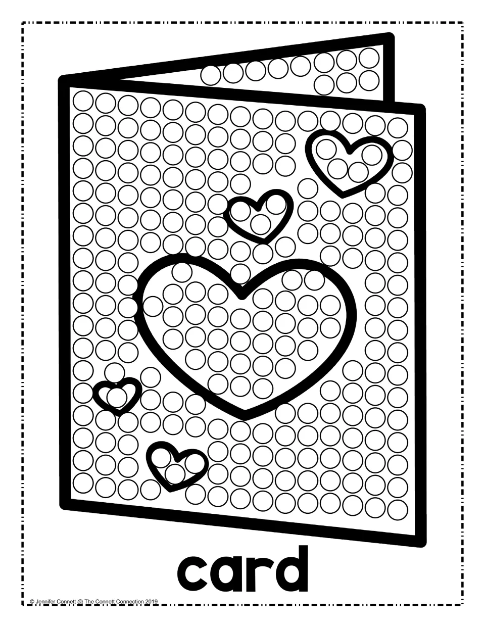 Valentine's Day dot painting sheet featuring a greeting card decorated with hearts and labeled 'card'.