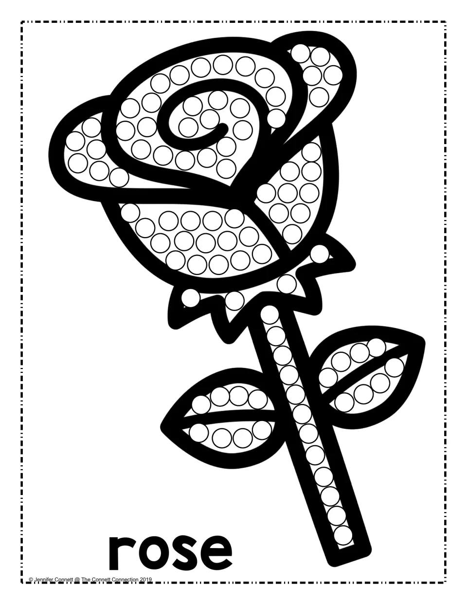 Valentine's Day dot painting sheet featuring a single rose with a stem and leaves, labeled 'rose'.