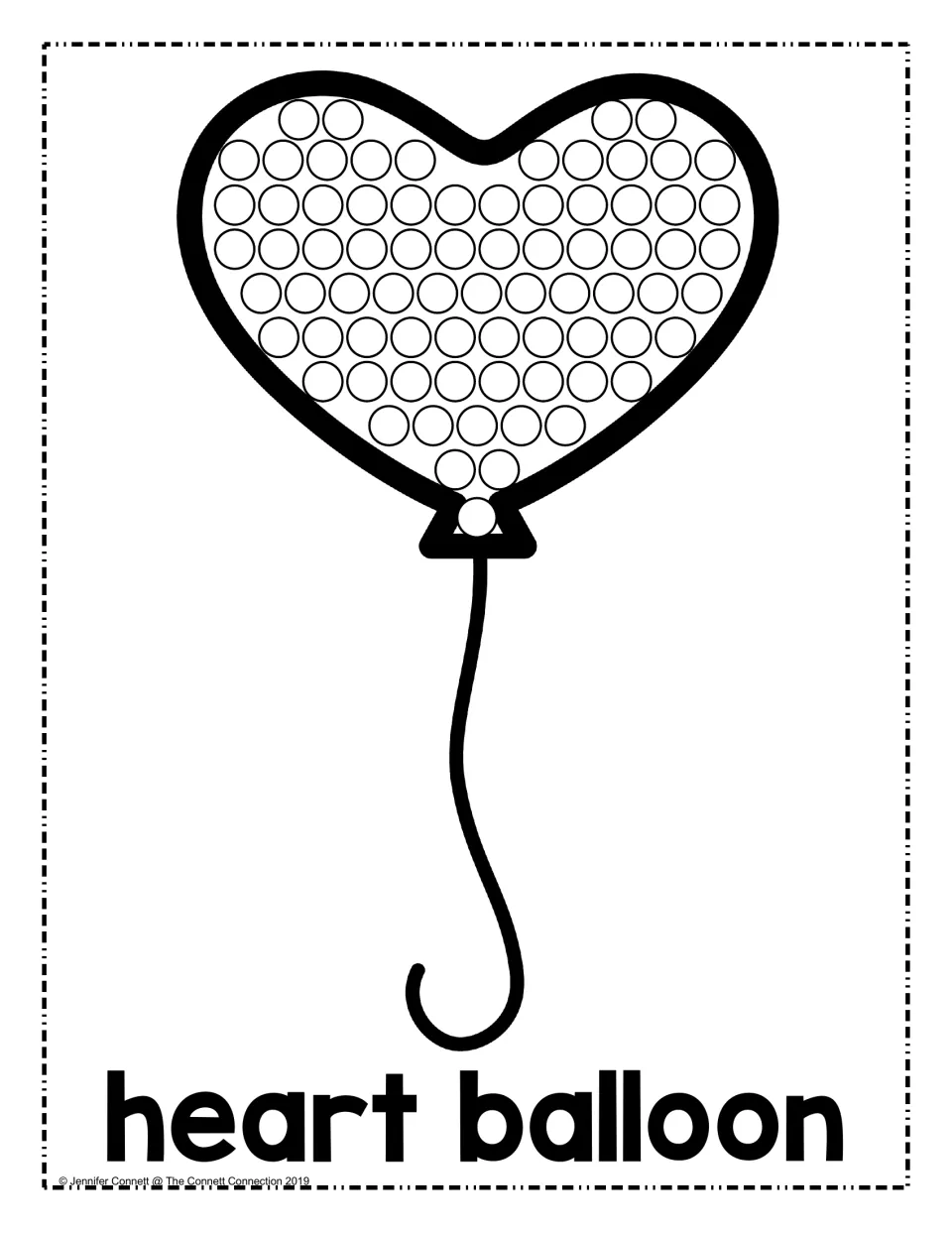 Valentine's Day dot painting sheet featuring a heart-shaped balloon with a string, labeled 'heart balloon'.