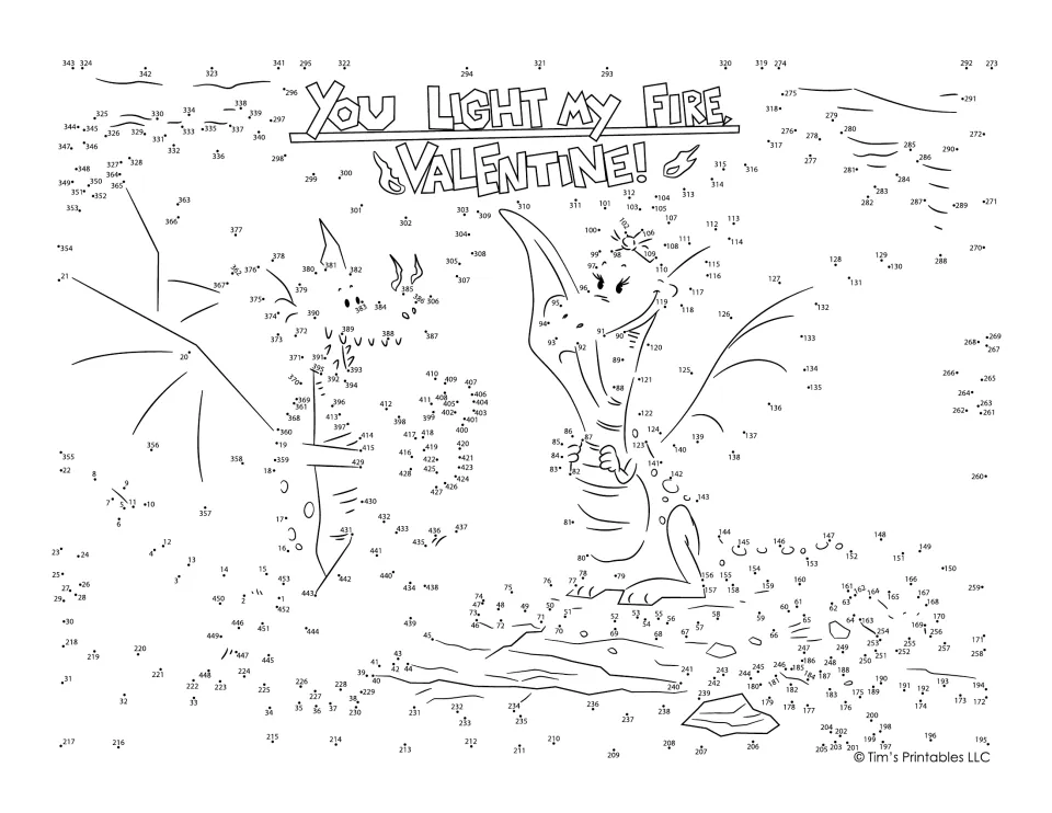 "You Light My Fire, Valentine!" dot-to-dot: students join dots 1 to 453 in order to draw two dragons in a cave scene