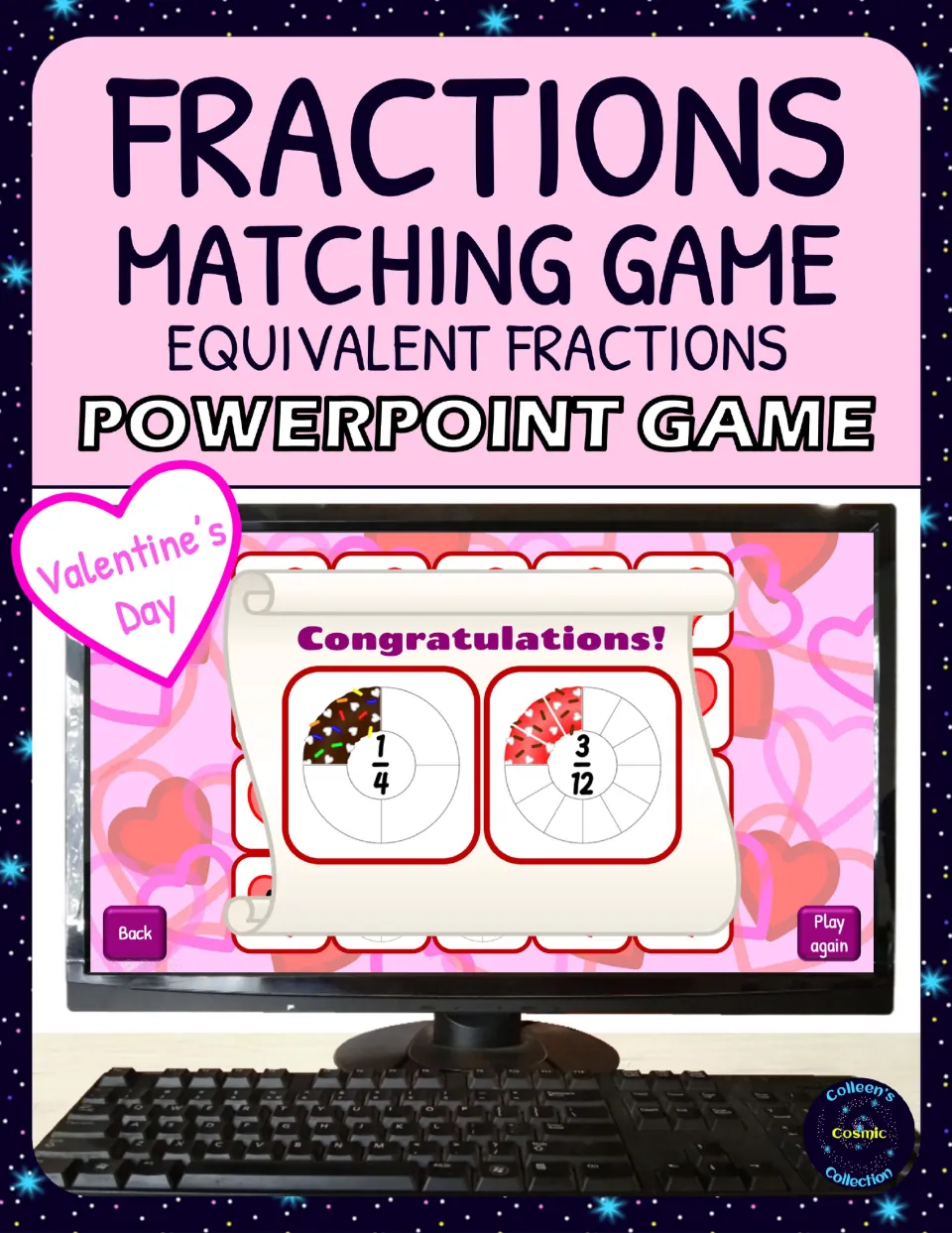 Cover of the Valentine's Day equivalent fractions game, showing a donut fraction match of 1/4 and 3/12