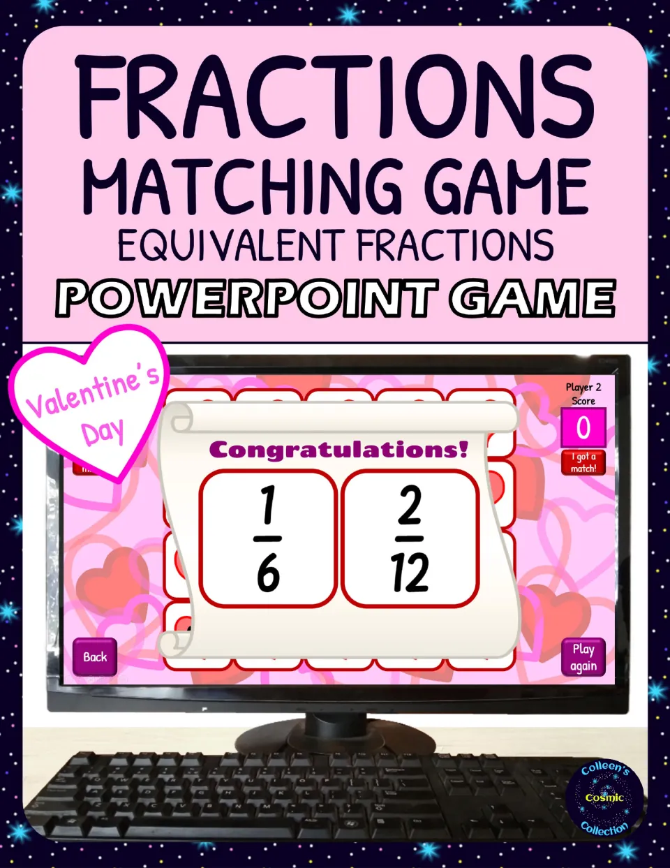 Cover of the Valentine's Day equivalent-fractions PowerPoint game, showing a matching pair of 1/6 and 2/12