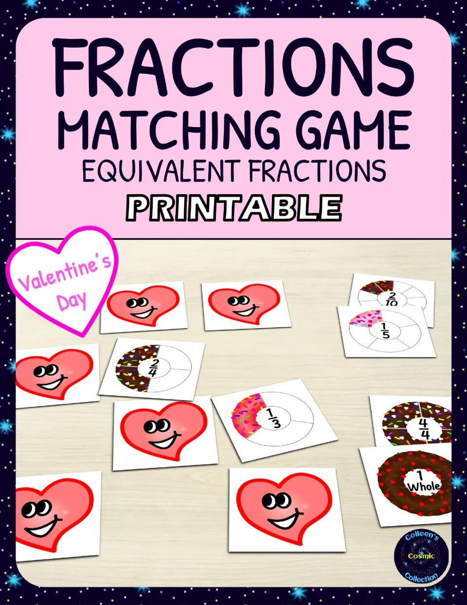 Valentine's Day fractions matching game cover: smiling heart card backs and donut cards showing 2/4, 1/3, 1/5 and 1 whole