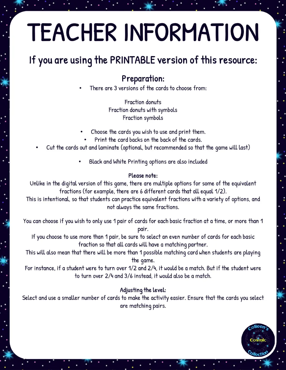 Teacher information on preparing the cards: three card versions, printing card backs, laminating and choosing matching pairs