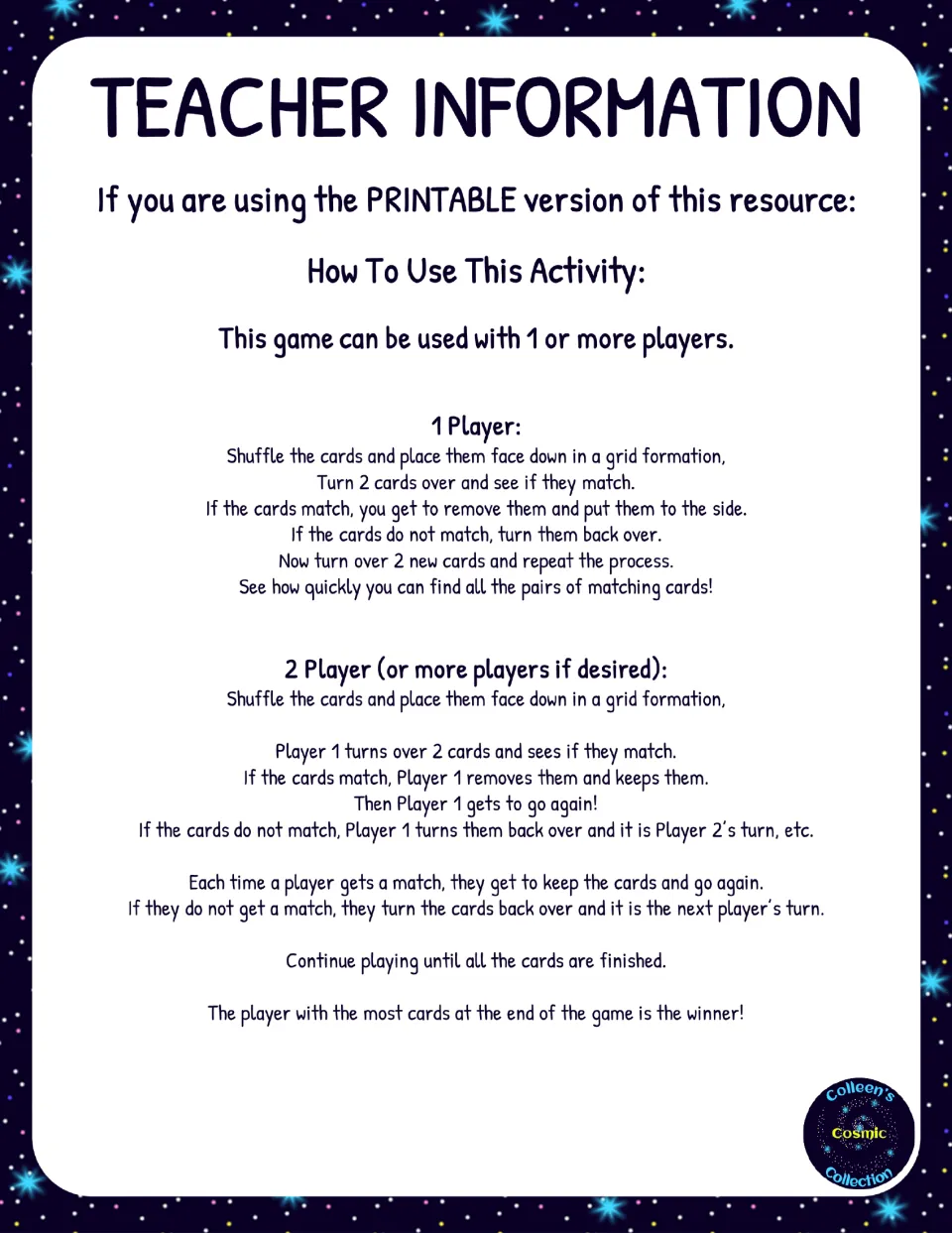 How to use the activity: rules for 1 player and 2 or more players who turn over 2 cards at a time to find equivalent pairs