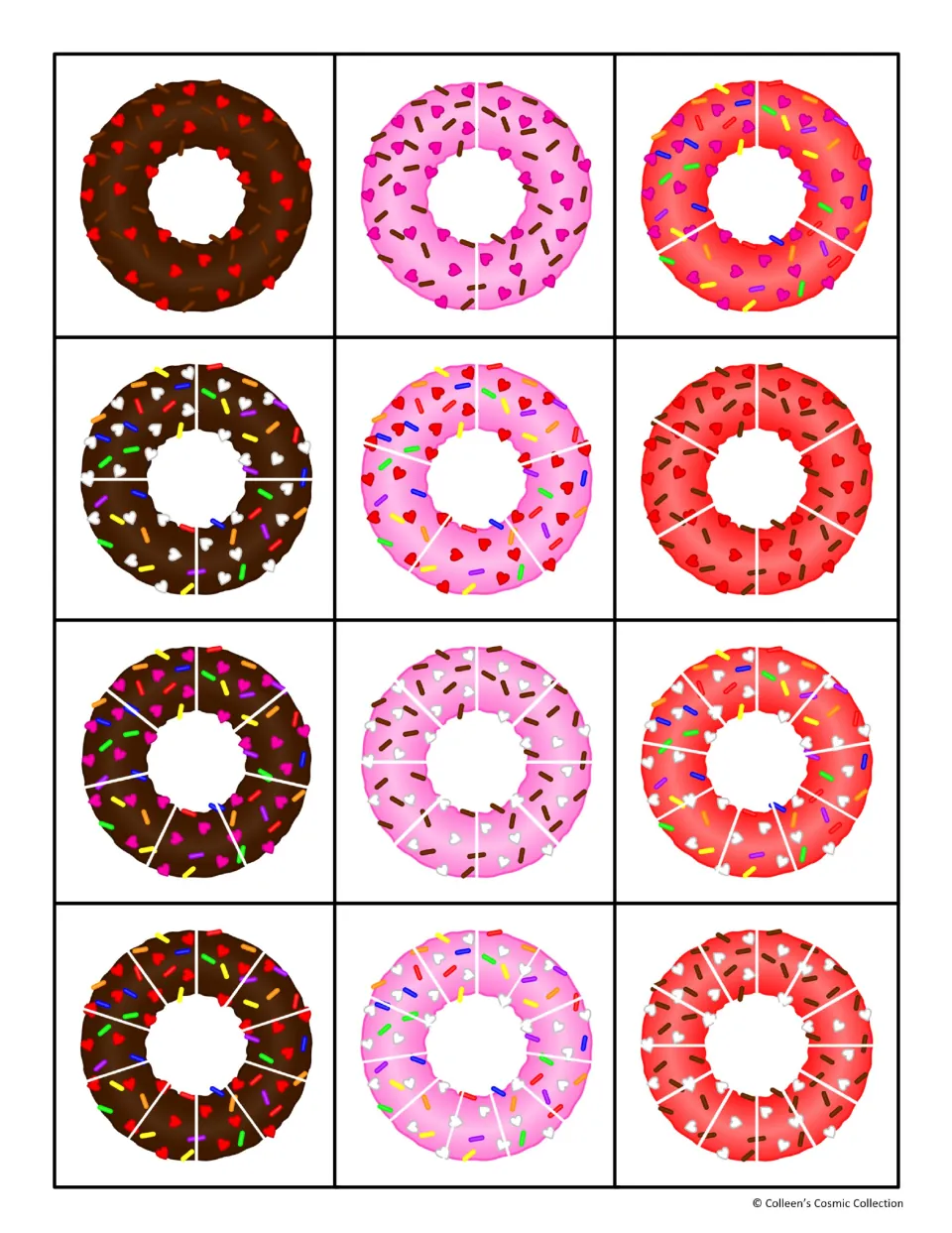 Fraction donut cards without numbers: 12 whole donuts each cut into 1 to 12 equal parts, all shaded, for matching wholes