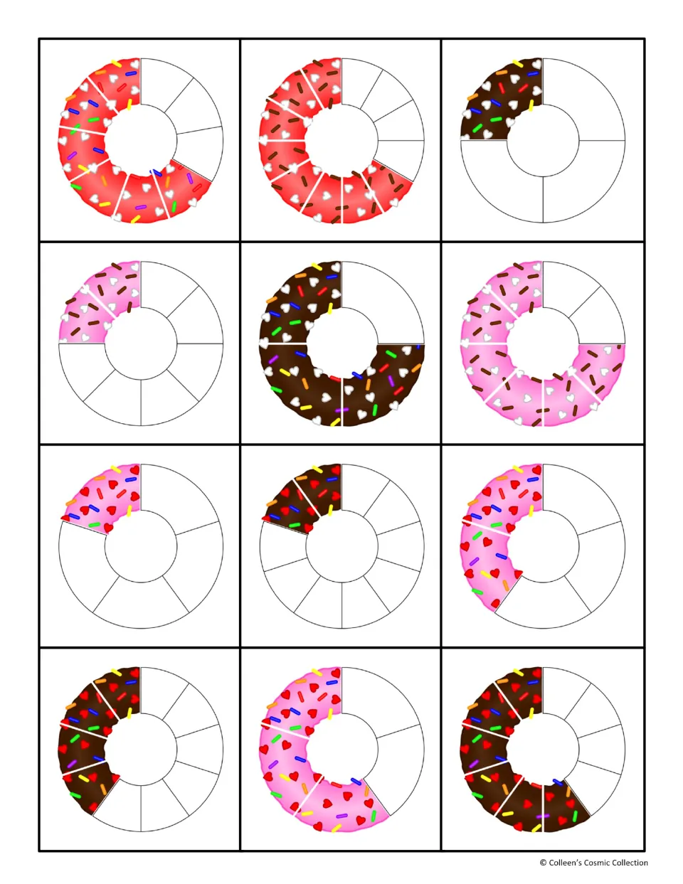 More unlabeled fraction donut cards: 12 donuts in pink, red and chocolate frosting, each with some equal slices shaded