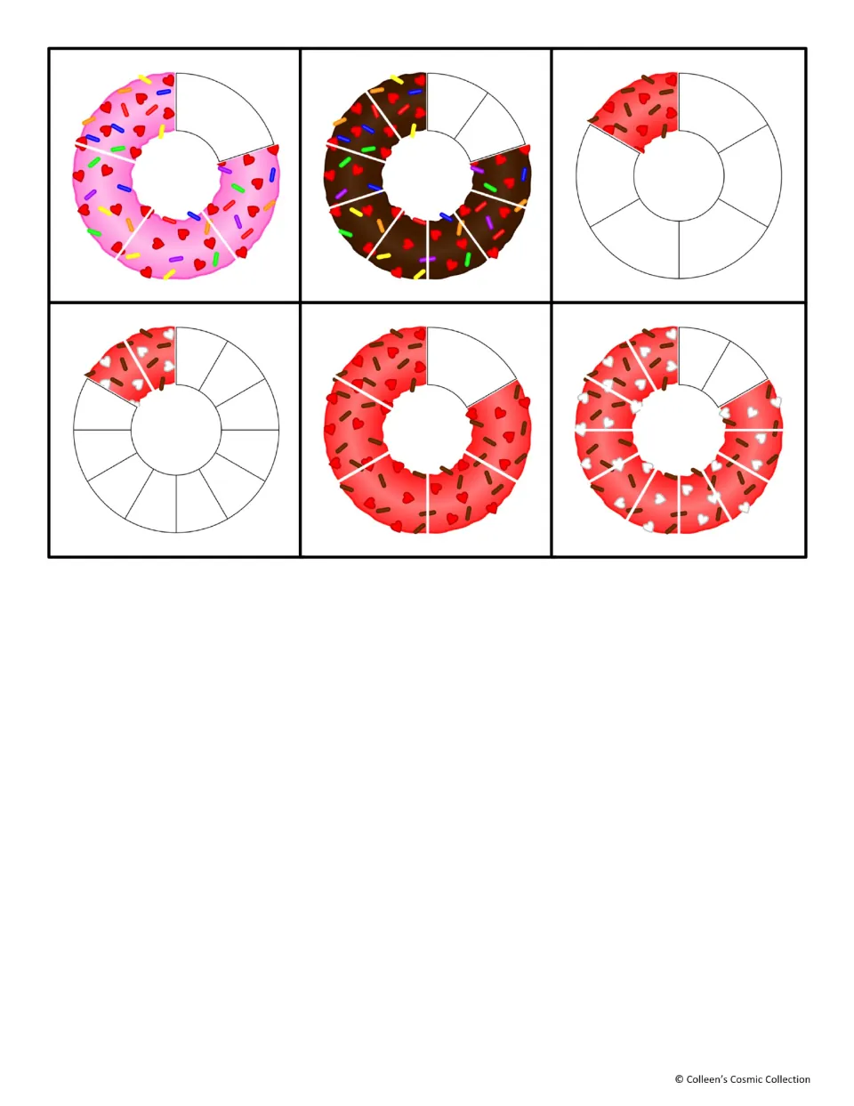 Final six unlabeled fraction donut cards, each donut split into equal slices with part of it frosted to show a fraction
