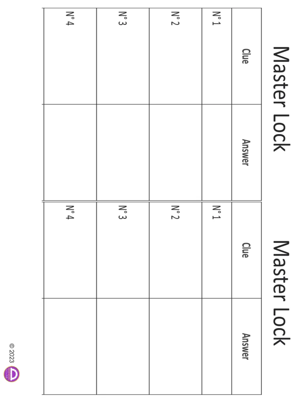 Master Lock recording sheet, two per page: students log the last integer answer from each game for clues 1 to 4