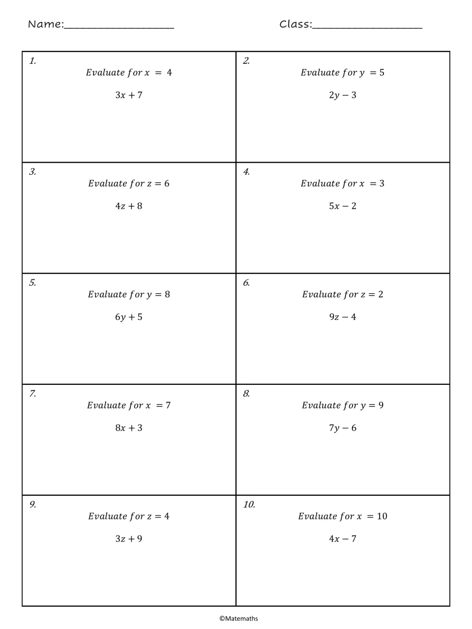 Evaluating algebraic expressions, problems 1-10: students substitute a value such as x = 4 into 3x + 7 and simplify