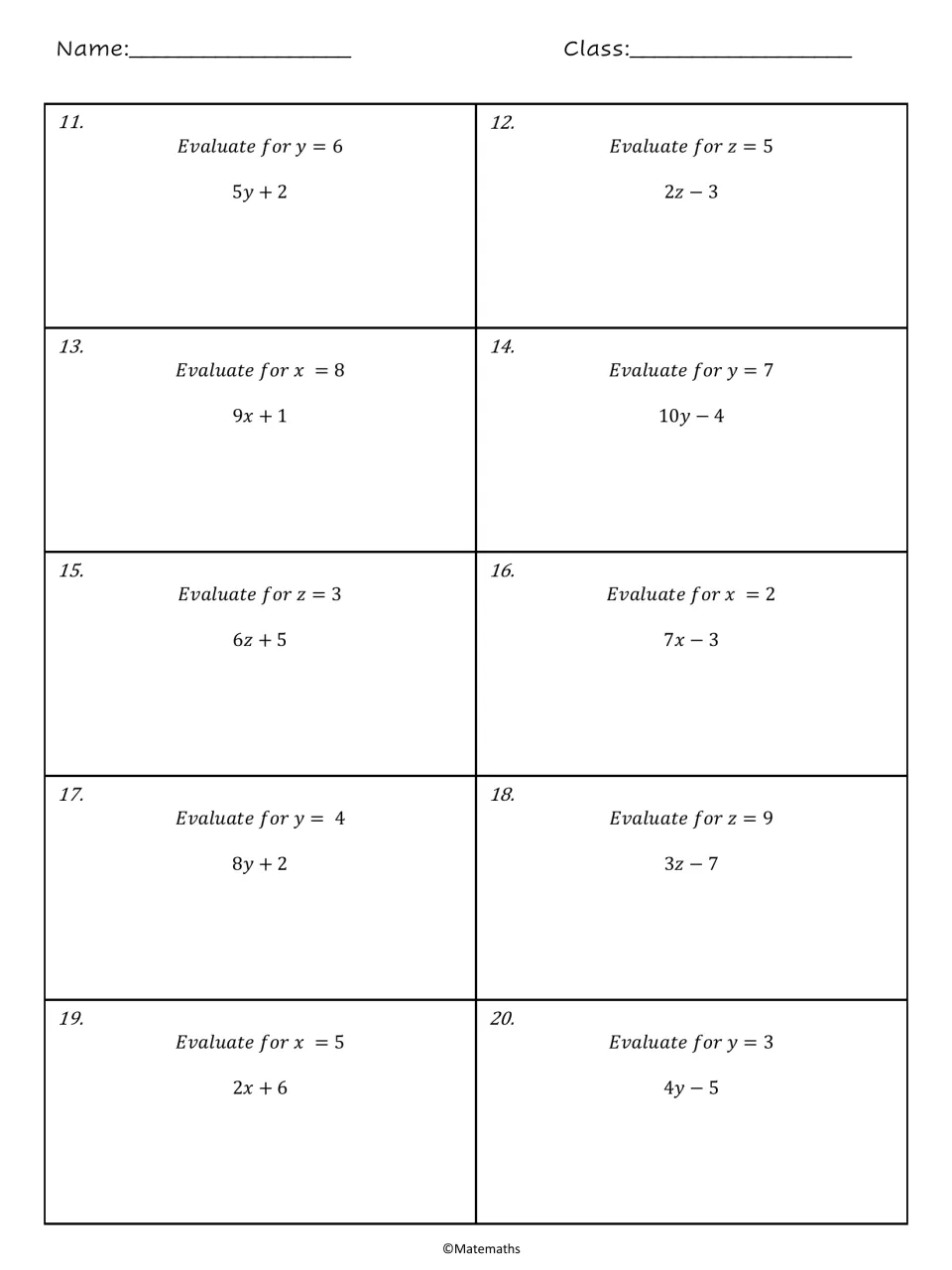 Substitution practice, problems 11-20: students evaluate expressions like 5y + 2 for y = 6 and 10y - 4 for y = 7
