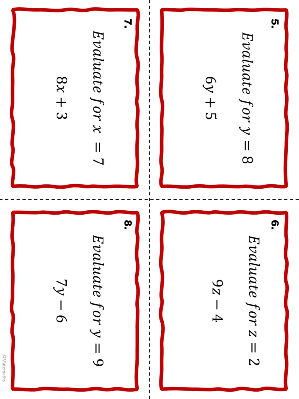 Task cards 5-8: students evaluate 6y + 5 for y = 8, 9z - 4 for z = 2, 8x + 3 for x = 7 and 7y - 6 for y = 9
