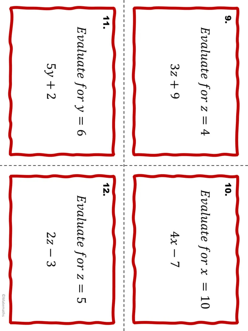 Task cards 9-12: substitute to evaluate 3z + 9 for z = 4, 4x - 7 for x = 10, 5y + 2 for y = 6 and 2z - 3 for z = 5