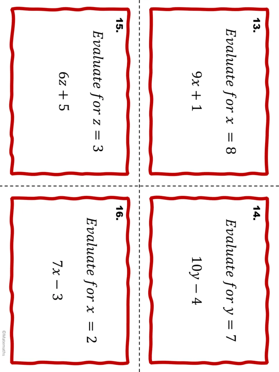 Task cards 13-16: evaluate 9x + 1 for x = 8, 10y - 4 for y = 7, 6z + 5 for z = 3 and 7x - 3 for x = 2