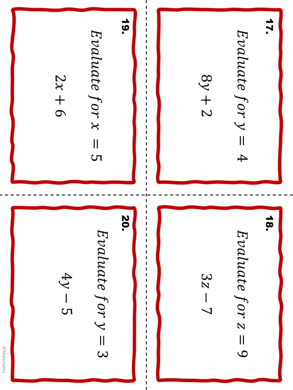 Task cards 17-20: students find the value of 8y + 2 for y = 4, 3z - 7 for z = 9, 2x + 6 for x = 5 and 4y - 5 for y = 3