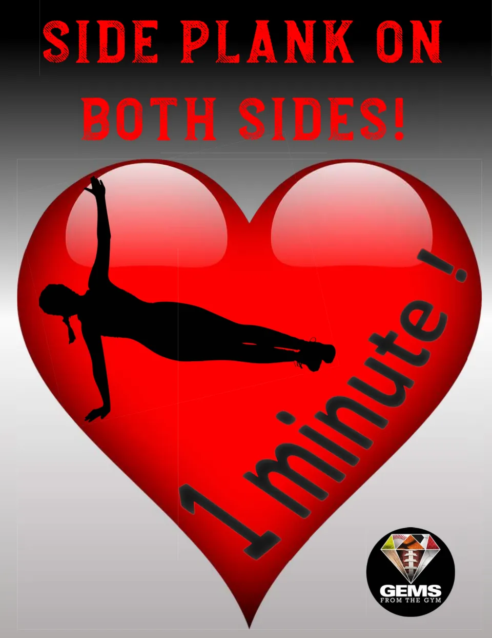 Valentine's Day exercise station poster directing students to side plank on both sides, labeled '1 minute!'