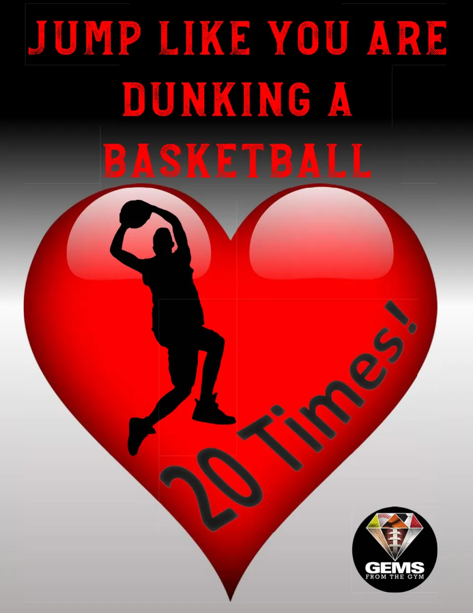 Valentine's Day exercise station poster directing students to jump like they are dunking a basketball 20 times