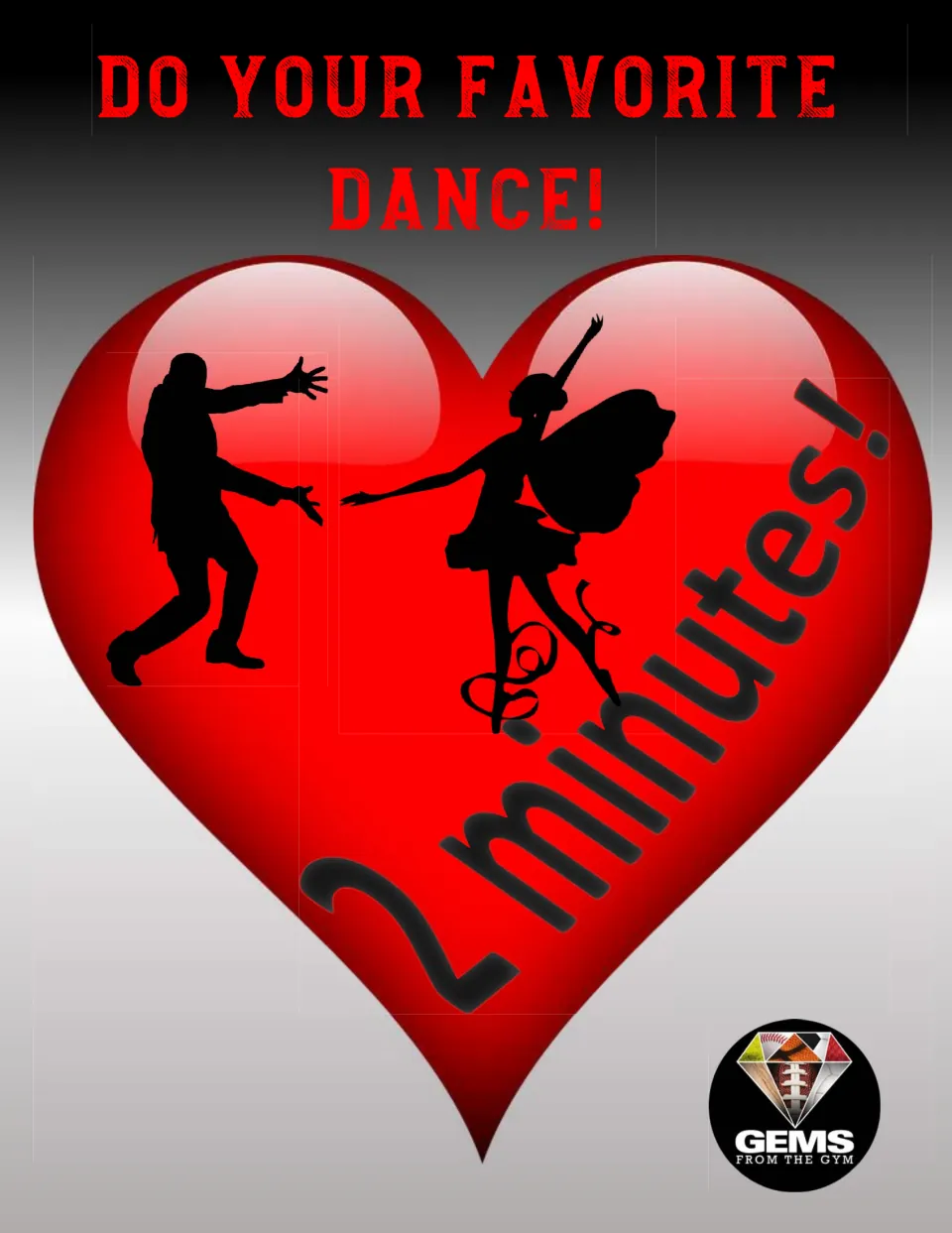 Valentine's Day exercise station poster directing students to do their favorite dance for two minutes