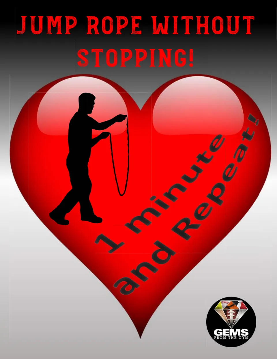 Valentine's Day exercise station poster directing students to jump rope without stopping for one minute and repeat