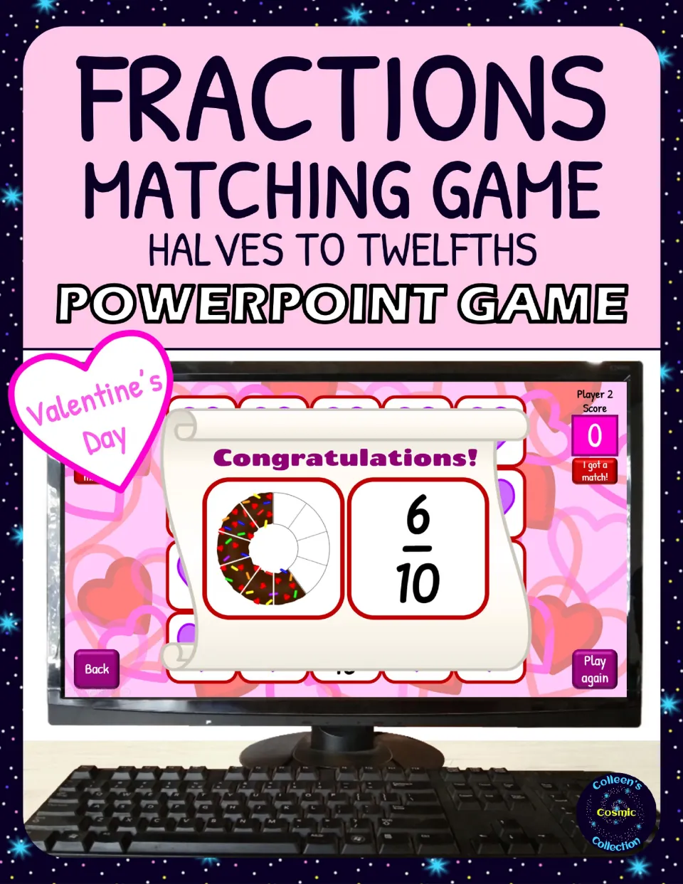 Cover of the Valentine's Day fractions matching game for halves to twelfths, showing a donut matched to 6/10.
