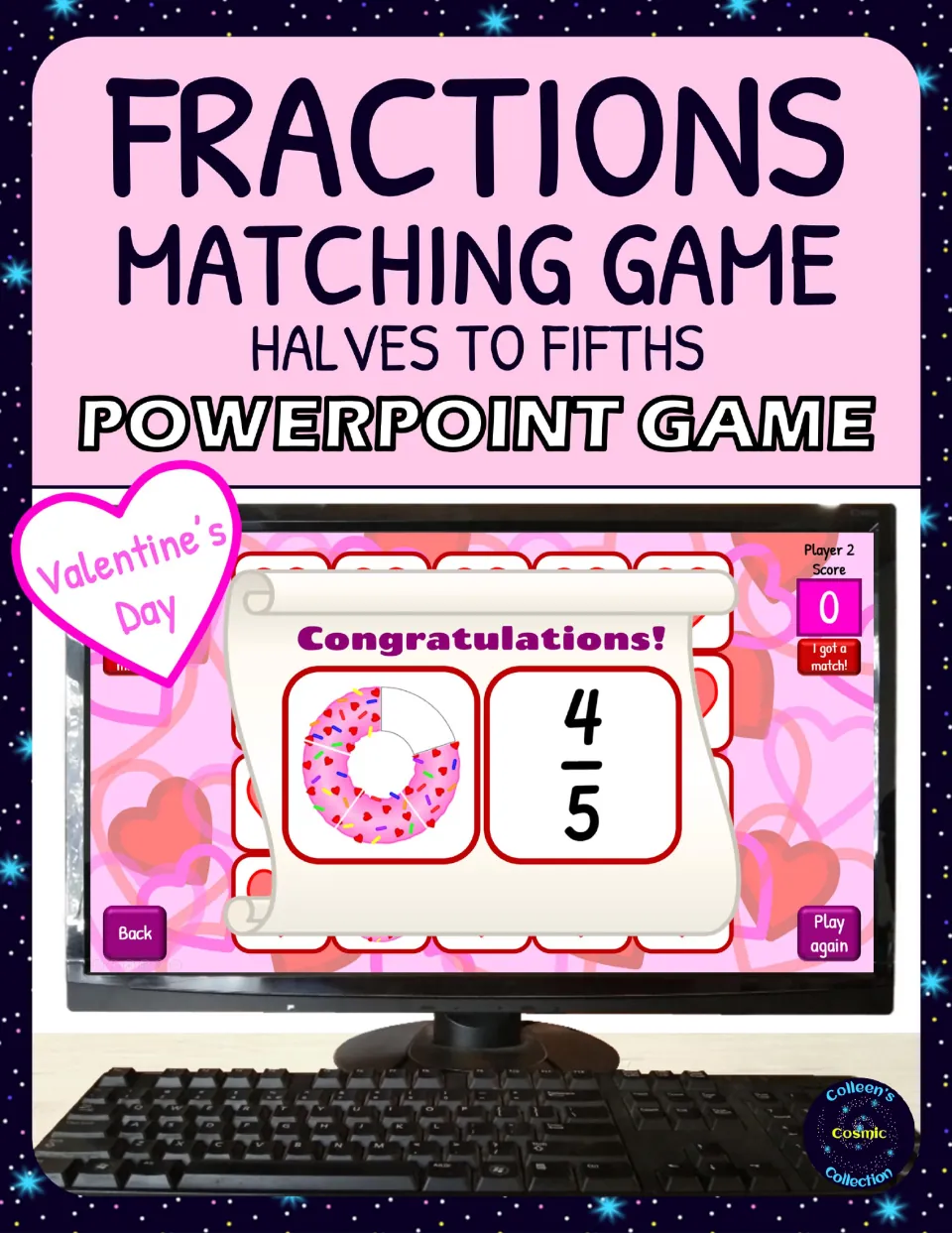 Cover for the halves-to-fifths fraction matching PowerPoint game, showing a donut model matched to 4/5