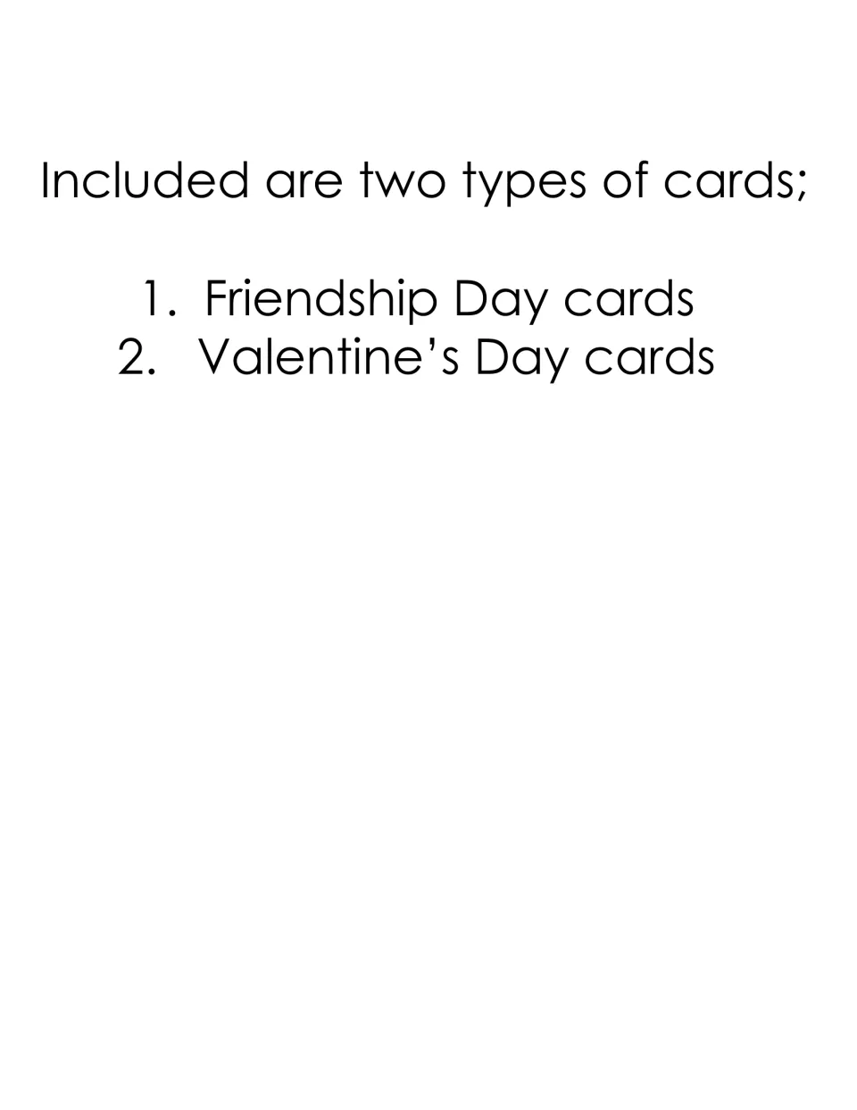 Eraser gift tag overview listing the two included card types: Friendship Day cards and Valentine’s Day cards