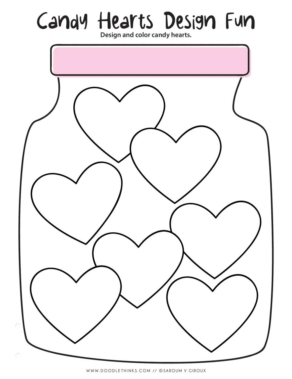 Candy Hearts Design Fun: students design and color eight candy hearts inside a jar with a pink lid for Valentine's art