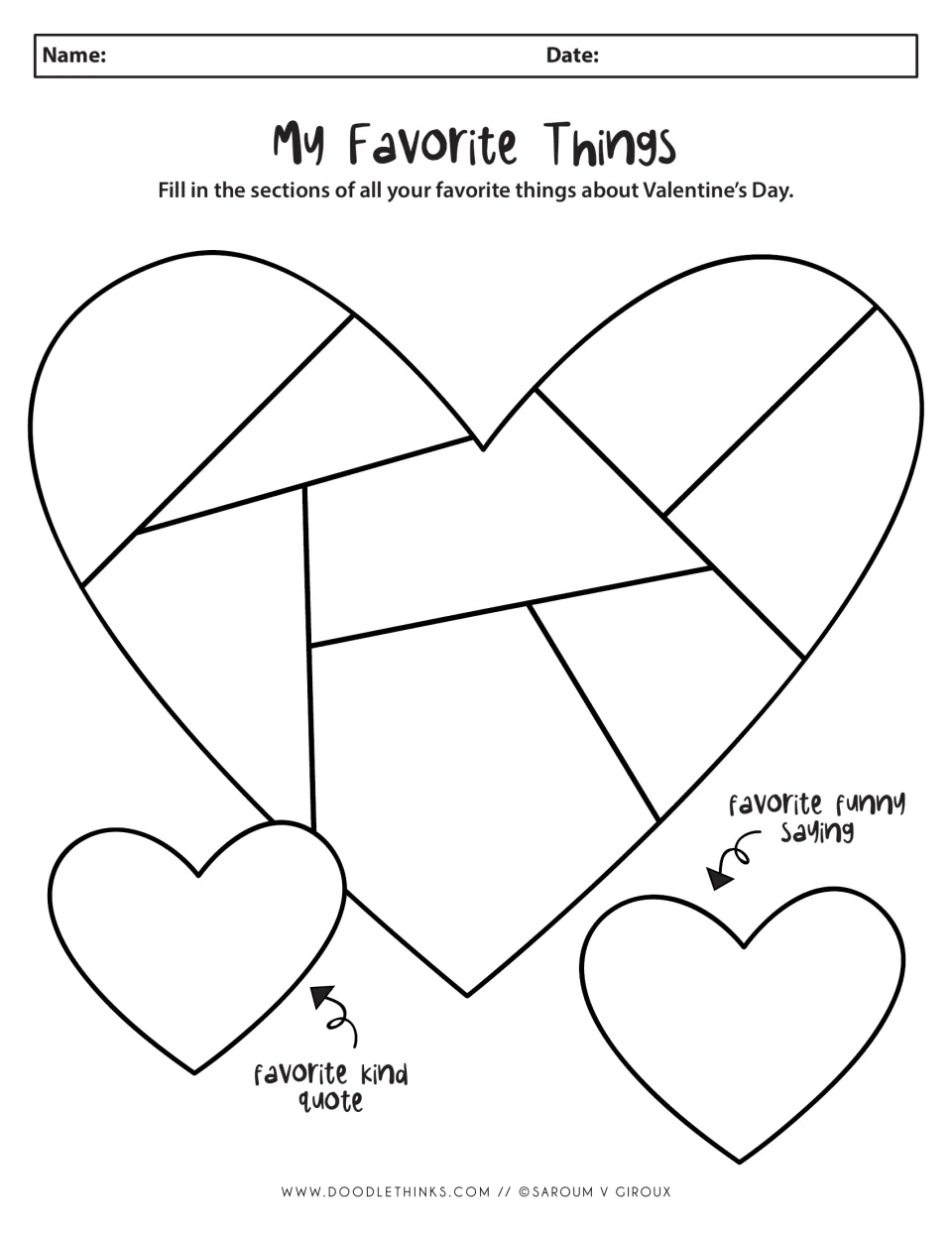 Black-and-white My Favorite Things heart: students record favorite Valentine's Day things, a kind quote and a funny saying