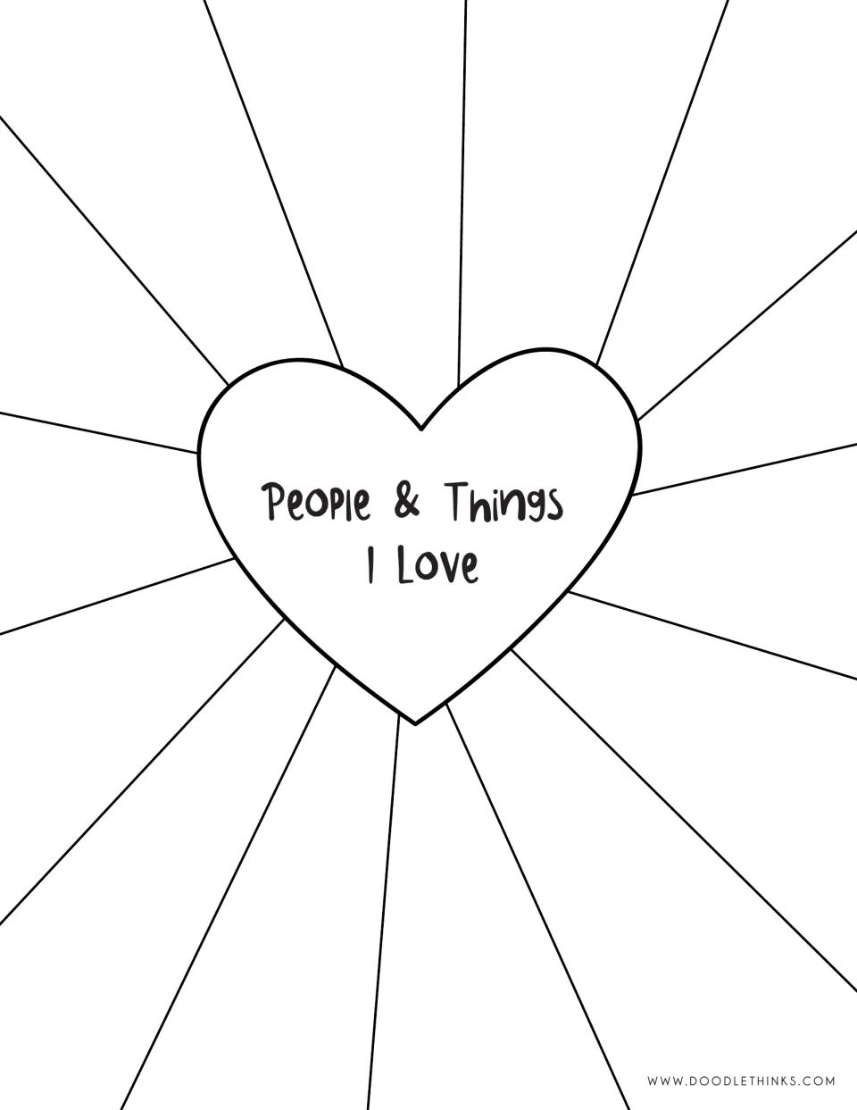 Black-and-white People & Things I Love: students fill rays around an uncolored heart with people and things they love