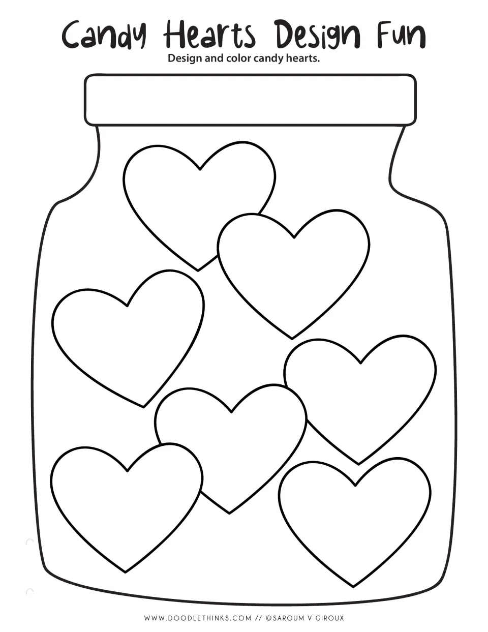 Black-and-white Candy Hearts Design Fun jar: students decorate and color eight blank hearts and the jar lid