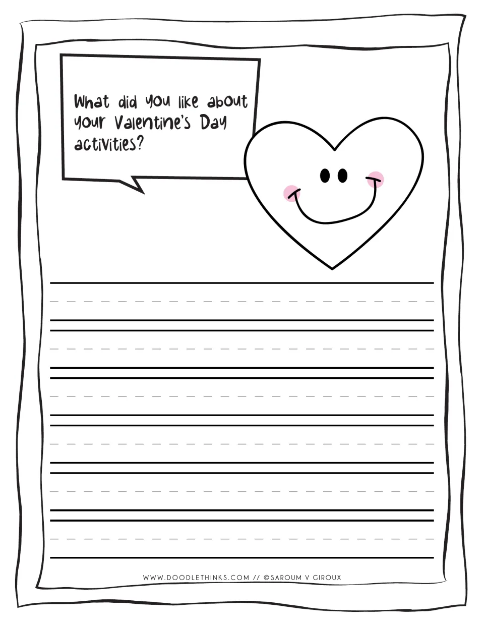 Valentine's reflection writing prompt: students answer what they liked about their activities in primary handwriting